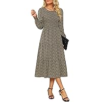 Maggeer Women Fall Long Sleeve Smocked Bodice and Cuffs Floral Tiered Midi Dress with Pockets