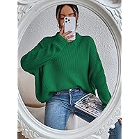 Jeans for Women Mock Neck Ribbed Knit Batwing Sleeve Sweater Jeans for Women (Color : Green, Size : Medium)