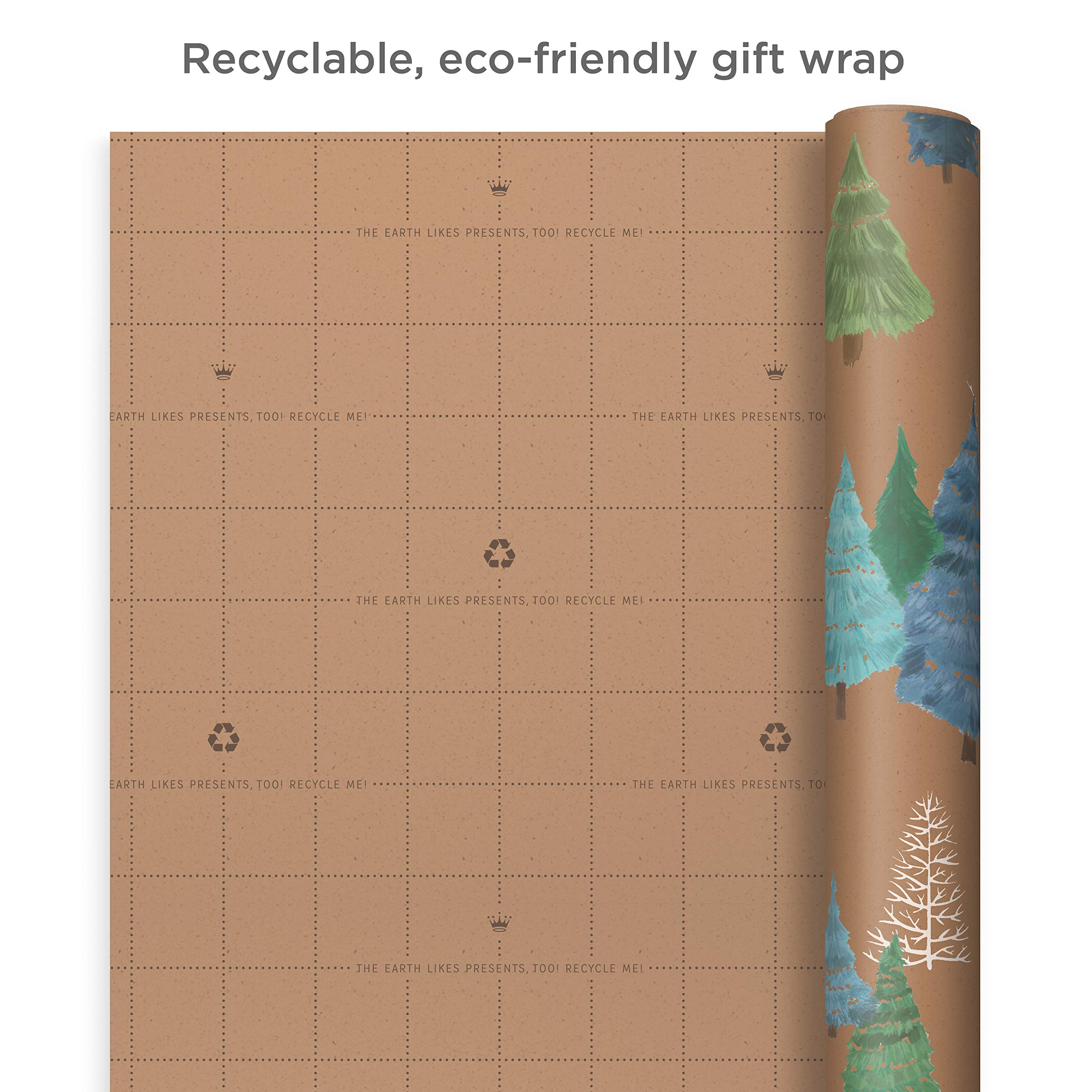 Hallmark Holiday Sustainable Kraft Tri-Pack with Cut Lines on Reverse (3 Rolls: 90 sq. ft. ttl) Wintry Nature: White Snowflakes, Blue and Green Foliage, Christmas Trees, Sustainable Holiday Wrap (0005JXW1051)