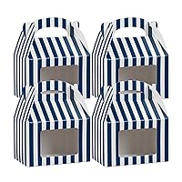 Restaurantware Bio Tek 4 x 2.5 x 2.5 Inch Gable Boxes For Party Favor 25 Durable Striped Gift Boxes - Clear Window Built-In Handle Blue And White Paper Barn Boxes Disposable For Parties