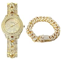 Halukakah Diamond Gold-Plated Watch, Men's 18 Carat Real Gold Plated/Platinum White Gold Plated Cuban Chain Band Quartz Bracelet 24 cm with Cuban Chain 20 cm Bracelet + 45 cm Necklace, Laboratory