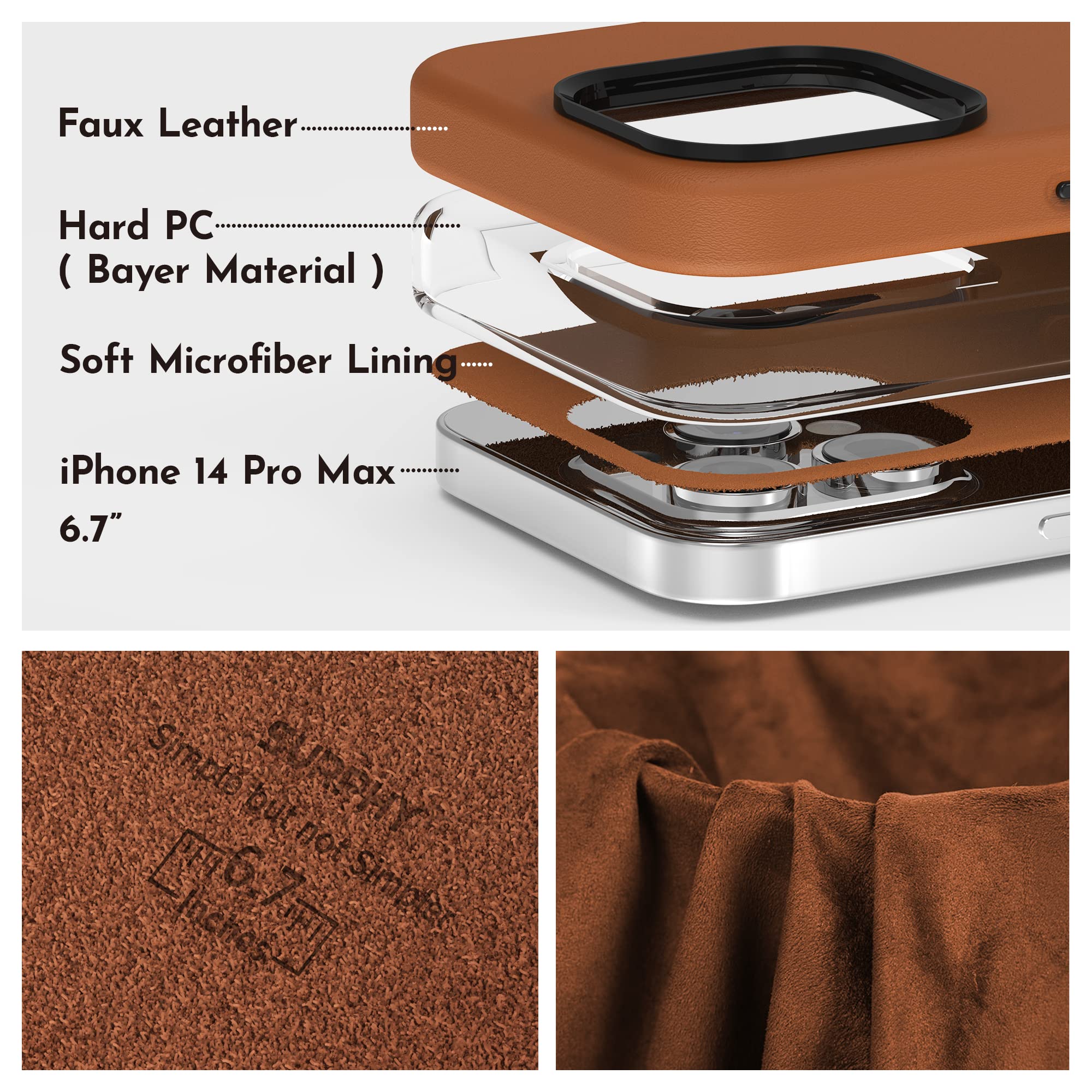 SURPHY Designed for Faux Leather iPhone 14 Pro Max Case with Screen Protector (6.7 inch), Metallic Buttons & Microfiber Lining Leather Phone Case for 14 Pro Max, Brown