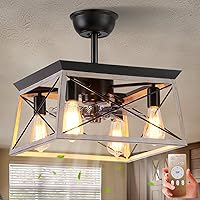 Caged Ceiling Fan with Light, 4-Light Farmhouse Bladeless Ceiling Fan with Lights and Remote, Rustic Ceiling Fan for Living Room Bedroom Kitchen