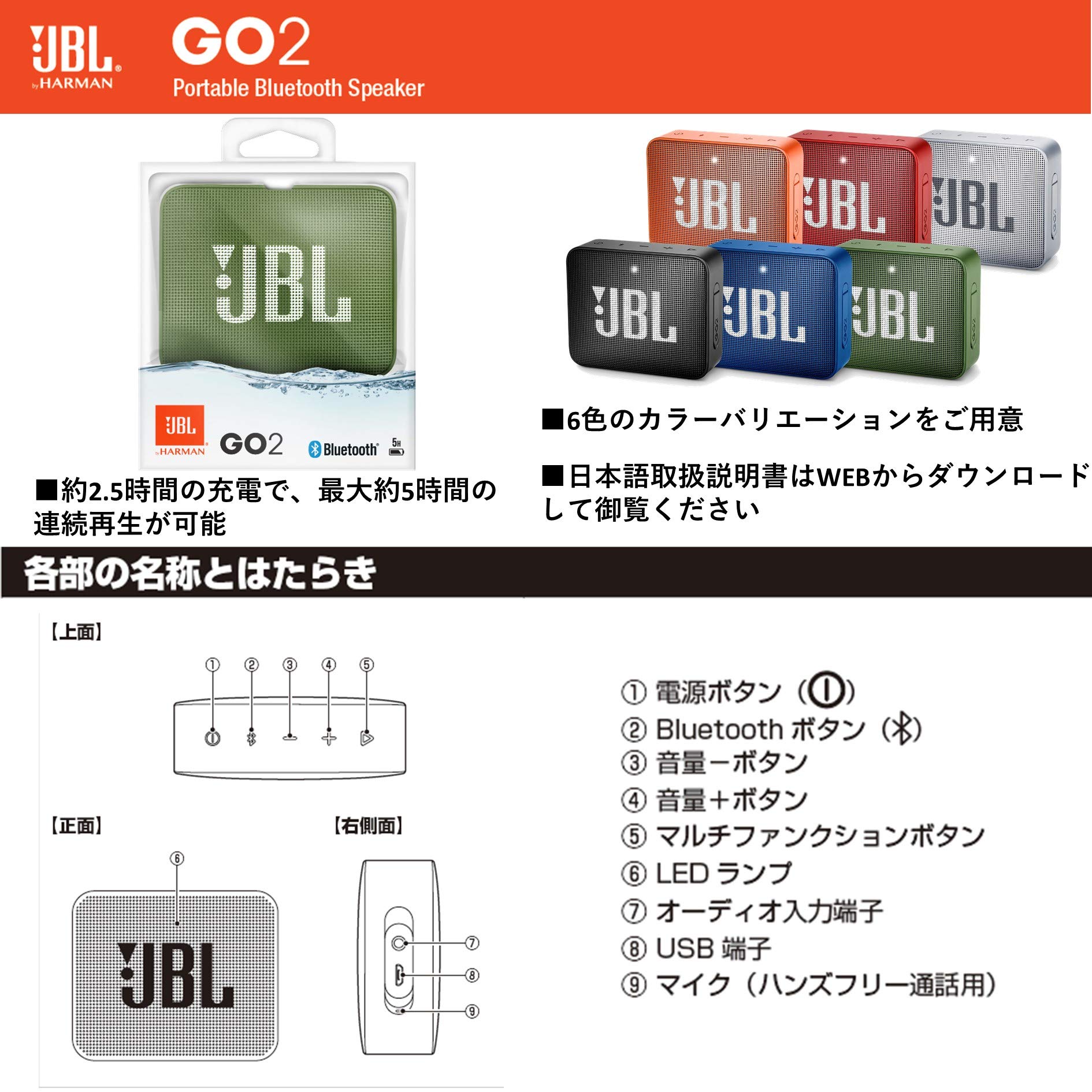 JBL GO2 Bluetoothスピーカー IPX7防水 ポータブル パッシブ