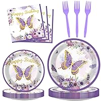 ZOIIWA 96 PCS Purple Butterfly Birthday Party Tableware Set Butterfly Themed Decorations Butterfly Party Plates Butterfly Birthday Party Napkins Forks for Girls Women Baby Shower Favors