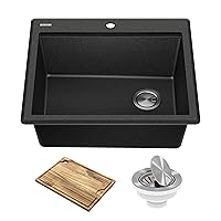 KRAUS Bellucci 25-inch Granite Composite Workstation Drop-In Top Mount Single Bowl Kitchen Sink in Metallic Black with Accessories, KGTW12-25MBL