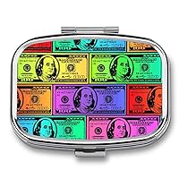 Rectangle Pill Box Organizer with 2 Compartment, American Money Colorful Bill Dollars Small Pill Case Medicine Holder Mini Metal Vitamin Pill Organizer for Purse Pocket