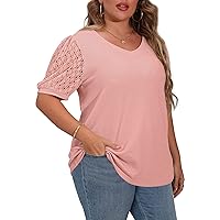 OLRIK Plus Size Tops for Women Summer Blouse Waffle Knit Short Lace Sleeve Shirts