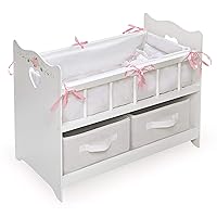 Badger Basket Toy Doll Bed with White Bedding, Storage Baskets, and Personalization Kit for 20 inch Dolls - White Rose