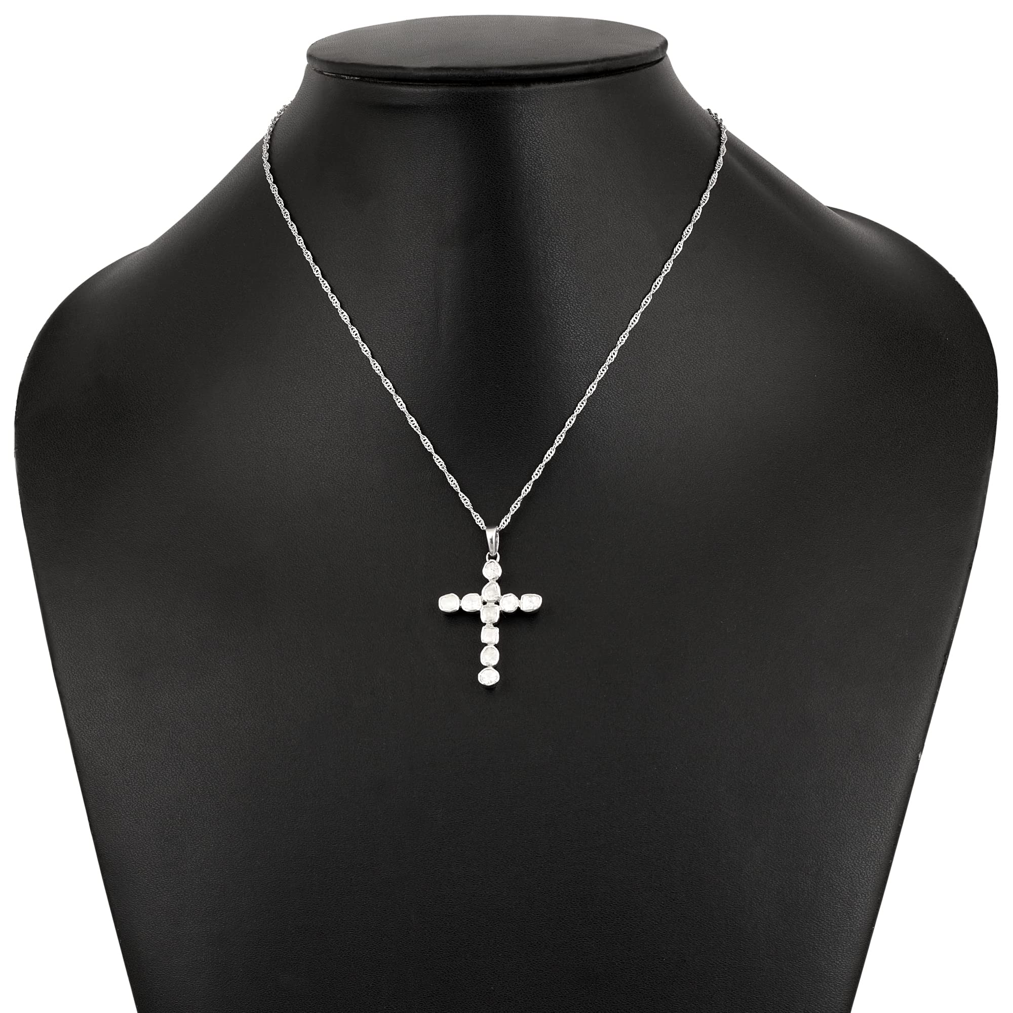 MOONEYE Natural Diamond Polki Religious Christian Cross Pendant Necklace 925 Sterling Silver Platinum Plated Slice Diamond Jewelry