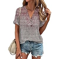 Womens Tops V Neck Rolled Short Sleeve Summer T Shirts Casual Button Trendy Loose Fit Business Dressy Blouses