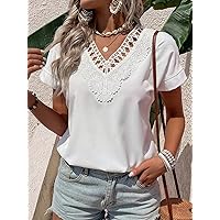 Womens Summer Tops Contrast Guipure Lace Keyhole Back Blouse (Color : White, Size : Medium)