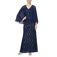S.L. Fashions Women's Petite Long Sequin Lace Dress with Capelet