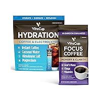 VitaCup Hydration Instant Coffee Sticks w/Electrolytes, Coconut Water, Medium Roast 18ct & Focus Ground Coffee w/Mushrooms, Vitamins, Medium Dark Roast 10 oz