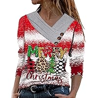 Women Merry Christmas Asymmetrical Shirts Button Trim Cross V Neck Fashion Tops Long Sleeve Xmas Tree Graphic Blouse