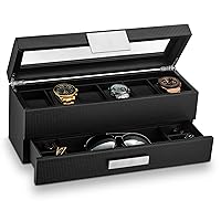 Watch Box with Valet Drawer for Men - 6 Slot Luxury Case Display Organizer, Carbon Fiber Design -Metal Buckle for Mens Jewelry Watches, Men's Storage Holder Boxes has a Large Glass Top