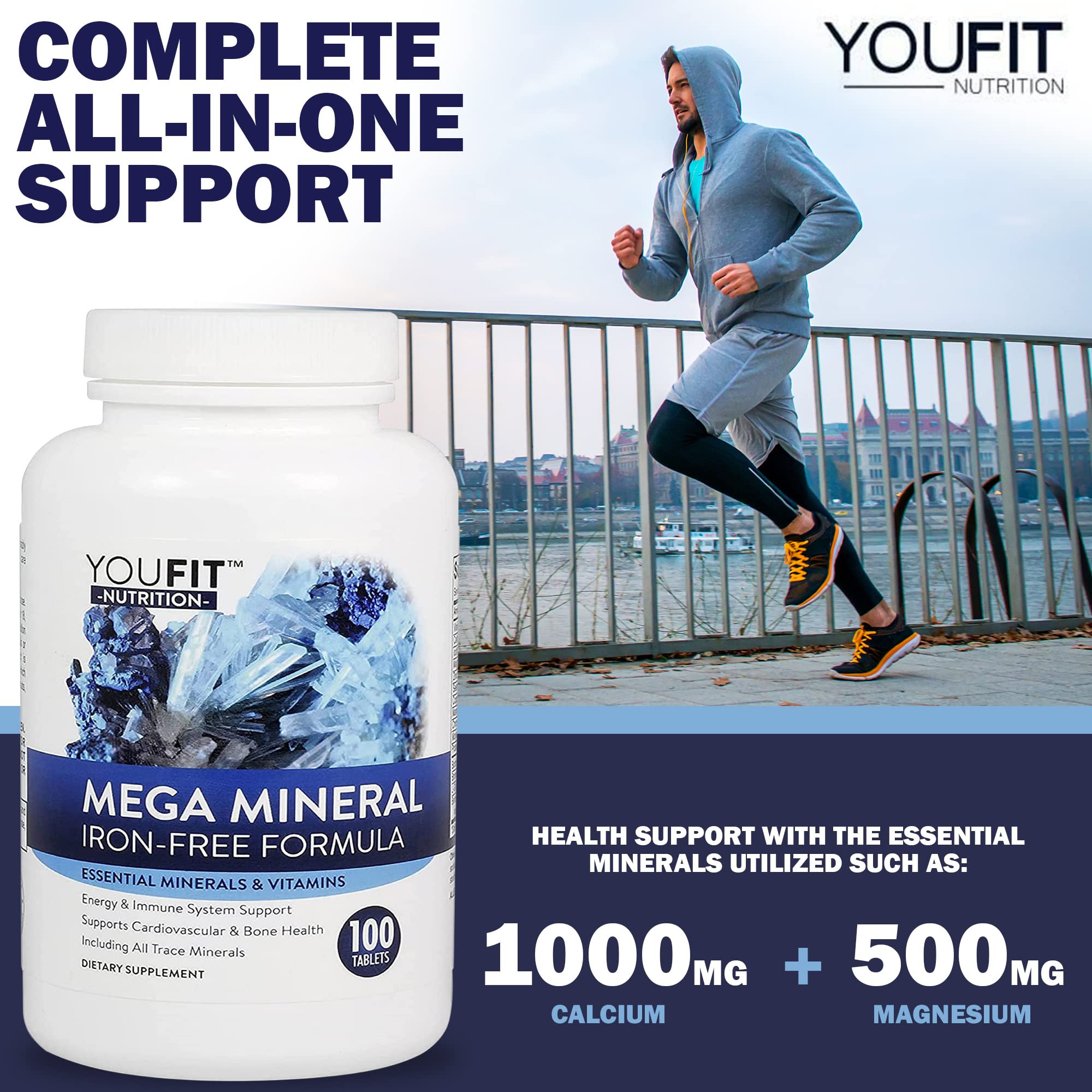 Mega Minerals Supplement by Youfit Nutrition | All 72 Trace Minerals | Premium Formula with Source of Minerals and Immune Health Support | Iron Free | All in One |1000mg Calcium 500mg Magnesium
