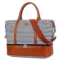 HB-28 Ladies Women Canvas Travel Weekender Bag Overnight Carry-on Duffel Tote Bag (Blue Strips with Shoe Compartment)