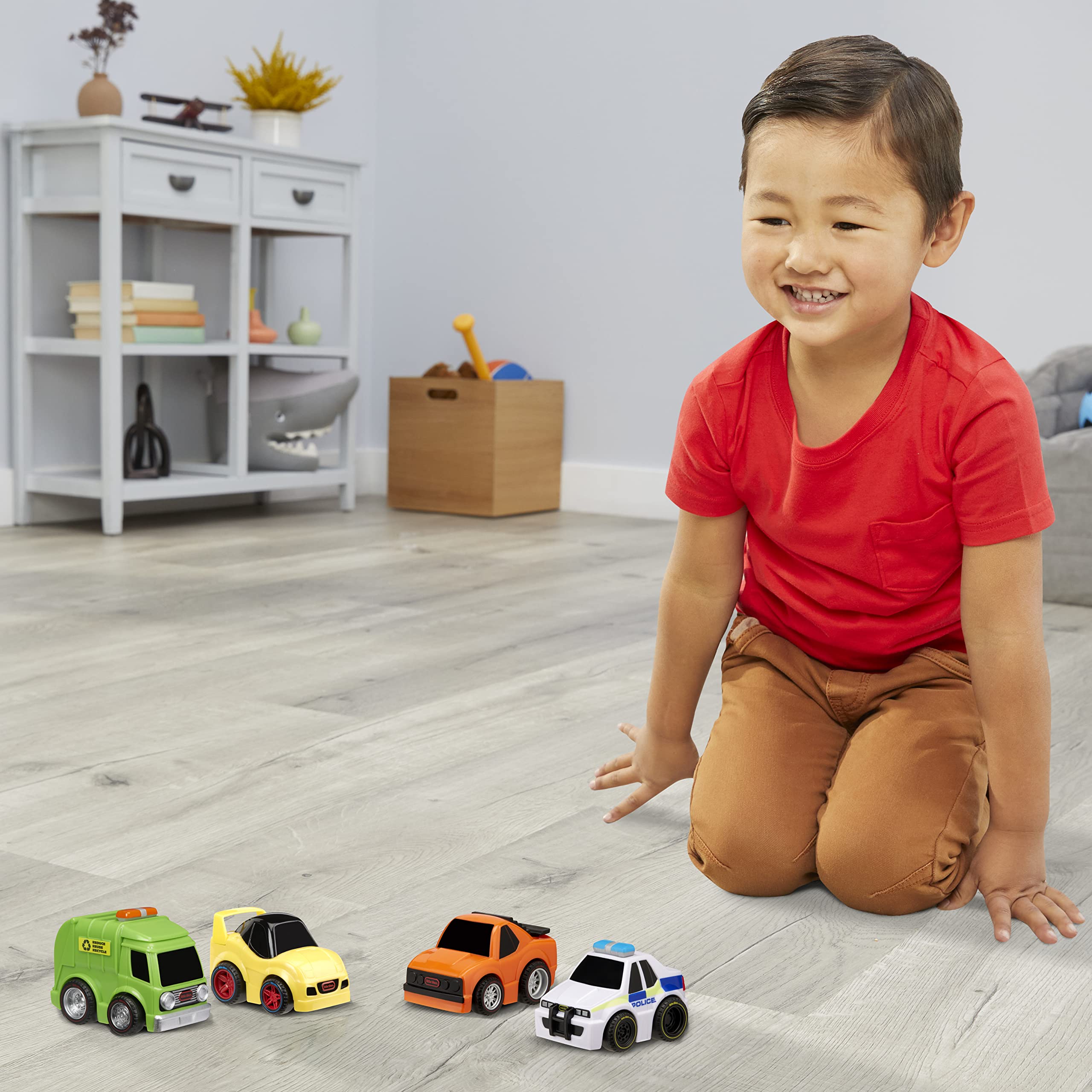 Little Tikes My First Cars Crazy Fast Cars 4-Pack Series 5 – Garbage Truck (Recycle), Race Car (Yellow), Muscle Car (Orange), Police Car (International), Pullback Toy Car Vehicles