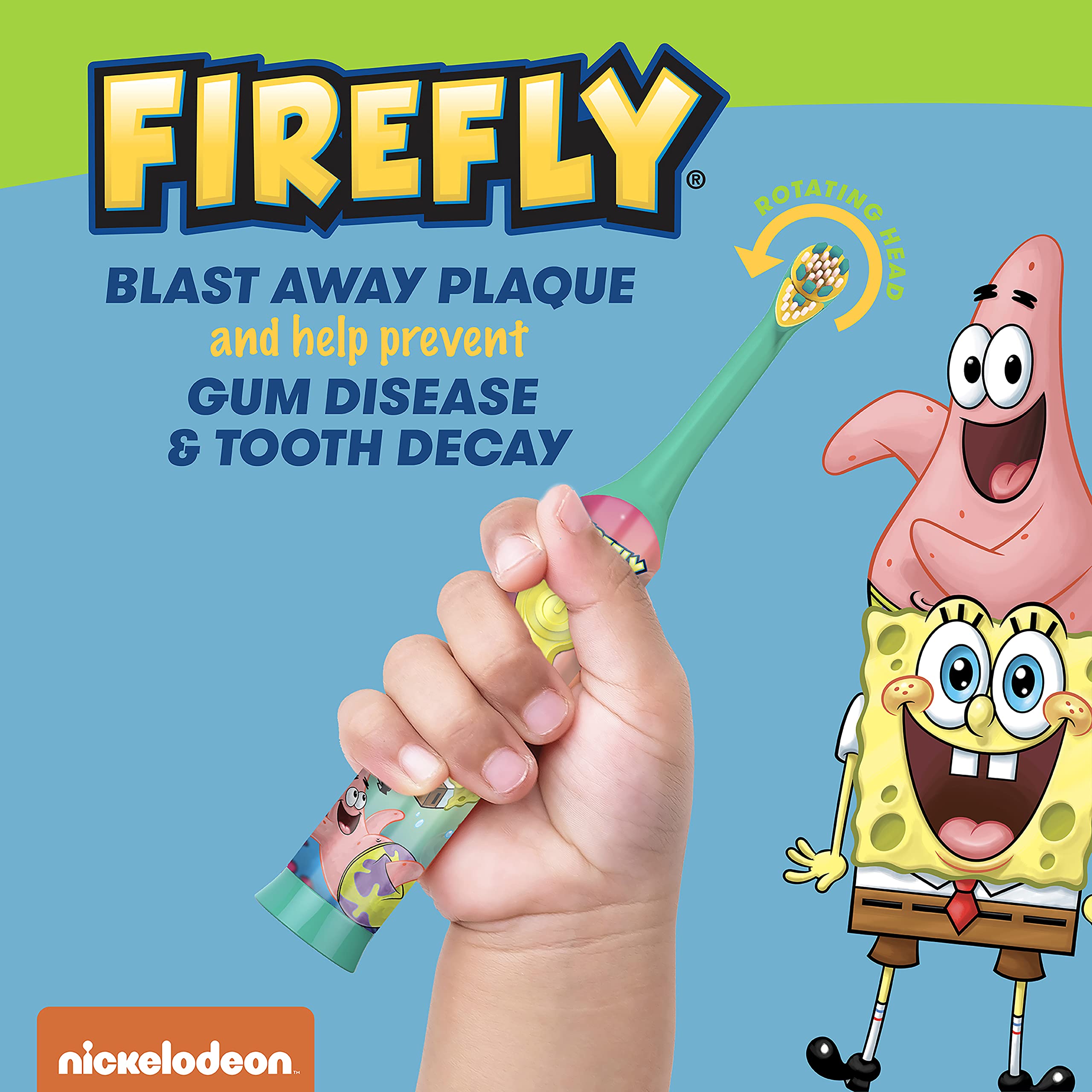 FIREFLY Clean N' Protect, Spongebob Squarepants Toothbrush with 3D hygienic Character Cover, Soft Compact Brush Head, Ergonomic Handles for Small Hands, Battery Included, Ages 3+, 1 Count