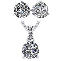 Central Diamond Center Pure Brilliance 3 Prong Stud Earrings & Solitaire Necklace Jewelry Set (W)