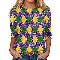 Tops for Women 3/4 Sleeve Basic Print Plus Size Tees Fashion Crewneck Blouse 2024 Mardi Gras Carnival Tunic T Shirt