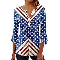 Tunic Tops for Women Independence Day Crewneck Casual Blouse Buttons Pleated 3/4 Beach Hawaiian Shirt