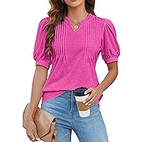 Blooming Jelly Womens Dressy Casual Tops Puff Sleeve Work Blouses Pleated V Neck T Shirts