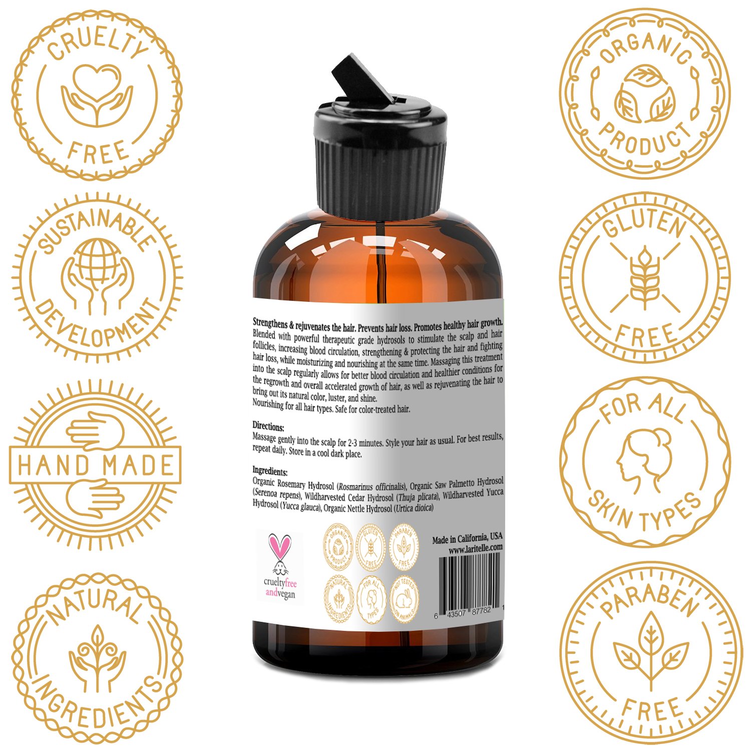 Laritelle Organic Hair Loss Prevention Shampoo 17.5 oz + Conditioner 16 oz + Bonus Post-shampoo Treatment 2 oz | Unscented & Hypoallergenic | NO GMO, Sulfates, Gluten, Alcohol, Parabens, Phthalates
