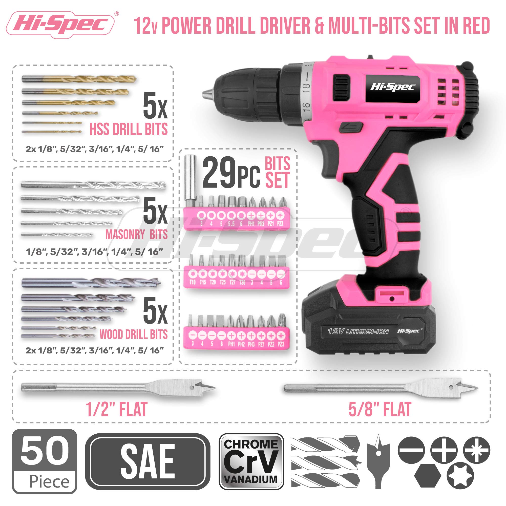 Hi-Spec 50pc 12V Cordless Drill Driver Set - Portable Tool Box and Bit Set for DIY Projects, Home Repair, and Professional Use, for Women and Beginners