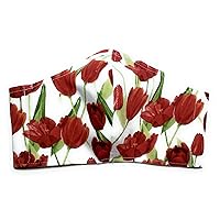 Red Tulip Face Mask, Rose Floral Flower Garden Green Leaf Stem, 100% cotton cloth Triple Layer, nose wire filter pocket washable, adjustable ear around Head elastic fabric tie, adult woman child kid