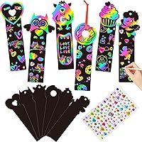 Haooryx 60Pcs Valentine's Day Magic Scratch Rainbow Bookmarks Making Kit for Kids Valentines Party Game DIY Scratch Color Bookmark with Sticker and Wood Styluses for School Classroom Craft Supplies