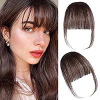 Clip in Bangs 100% Human Hair Wispy Bangs Dark Brown Air Bangs Fringe with Temples Clip in Hair Extensions Curved Bangs Hairpieces for Women Daily