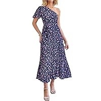 MASCOMODA Women One Shoulder Pleated Maxi Dress Summer Floral Boho Dress Short Sleeve Tie Waist A Line Party Flowy Long Dress