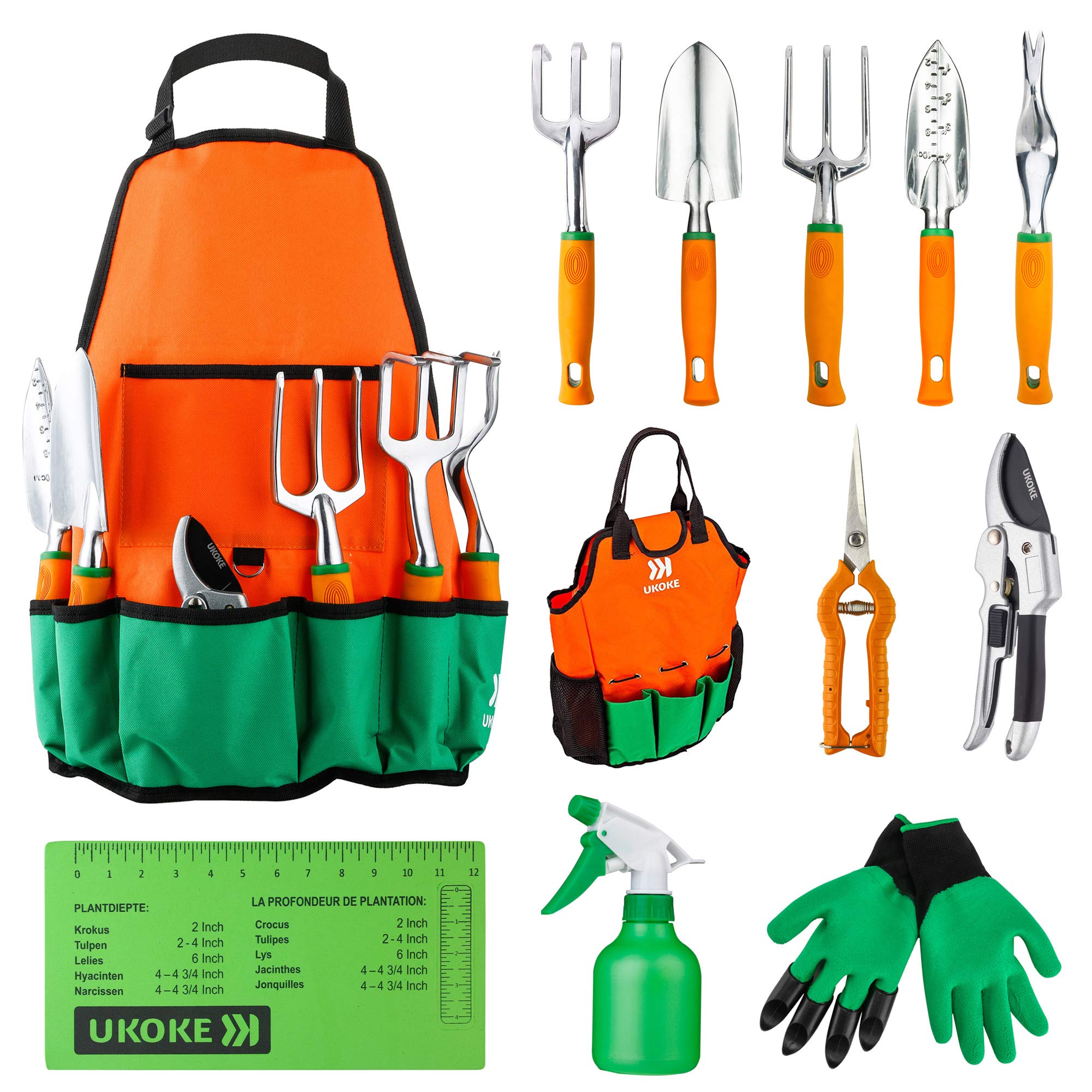 UKOKE Garden Tool Set, 12 Piece Aluminum Hand Tool Kit, Garden Canvas Apron with Storage Pocket, Outdoor Tool, Heavy Duty Gardening Work Set with Ergonomic Handle, Gardening Tools for women men