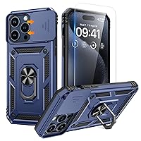 Goton for iPhone 15 Pro Max Case with Screen Protector - Slide Camera Cover Protective Phone Case with Ring Stand, Heavy Duty Shockproof Rugged Bumper for iPhone 15 Promax Accessories Blue