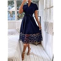 Women's Casual Dresses Dolman Sleeve Contrast Geo Mesh Belted Dress Charming Mystery Special Beautiful (Color : Navy Blue, Size : X-Small)