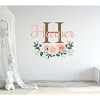Flowers Custom Name & Initial Wall Decal - Personalized Peonies Art Decor Mural Girls Stickers For Nursery Bedroom Decoration (Mini Wide 15''x13'' Height)