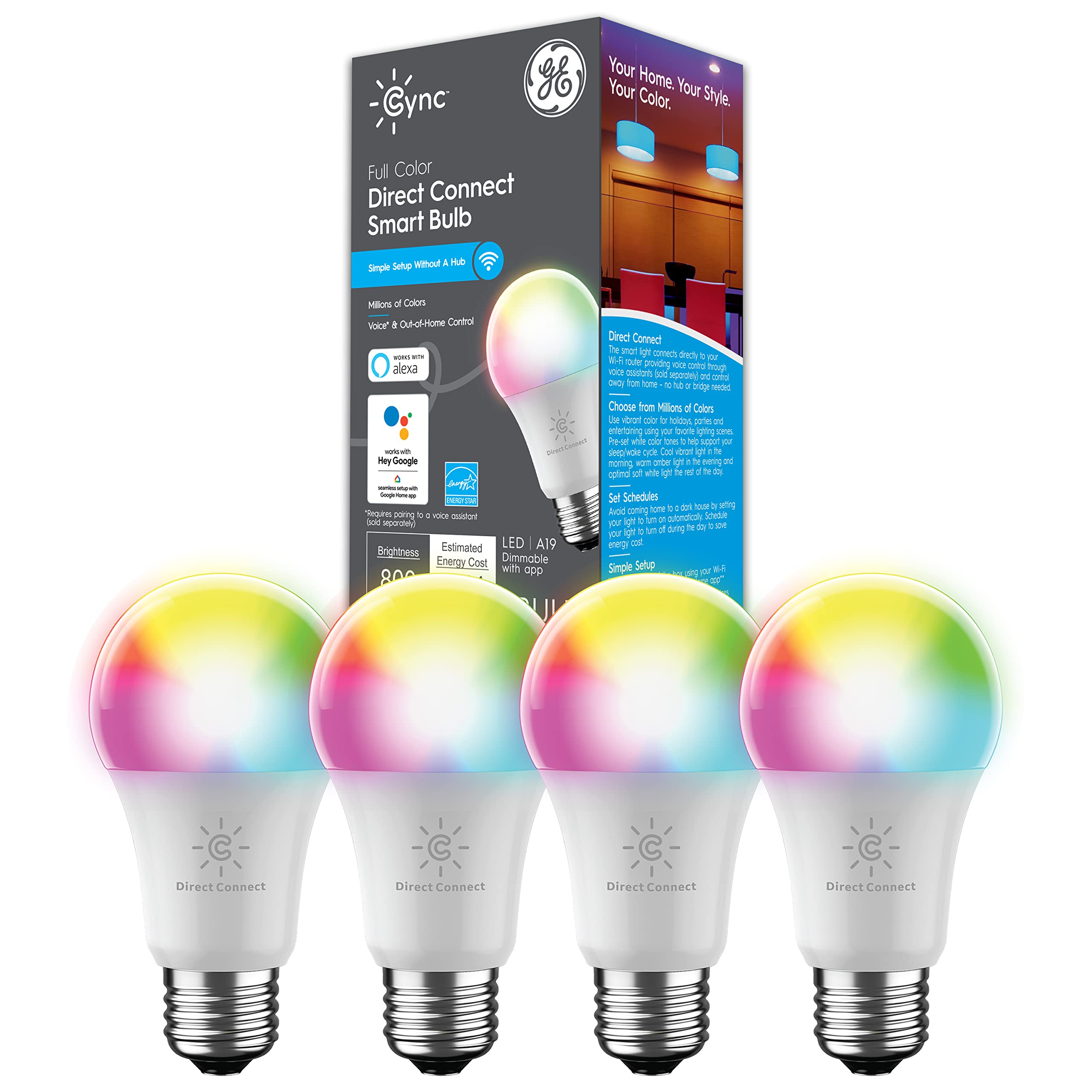 GE Lighting CYNC Smart LED Light Bulbs, Full Color, Bluetooth and Wi-Fi Enabled, Compatible with Alexa and Google Home, A19 Bulbs (Pack of 4)