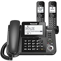 Bluetooth Corded / Cordless Phone System with Answering Machine, Enhanced Noise Reduction and One-Touch Call Block - 2 Handsets - KX-TGF382M (Metallic Black)