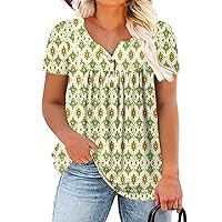ROSRISS Womens-Plus-Size-Tops-Summer Buttons Up Henley Shirts V Neck Blouses Flowy Pleated Tunics Tee