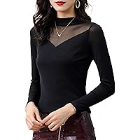 Women's Mesh Tops Fashion Solid Sexy Mock Neck Long Sleeve Hollow Out Patchwork Blouses Elegant Formal Work Shirts