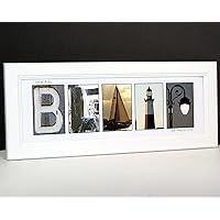 Creative Letter Art - Personalized Framed Name Sign with Beach and Nautical Related Alphabet Photographs including Cotton White Self Standing Frame