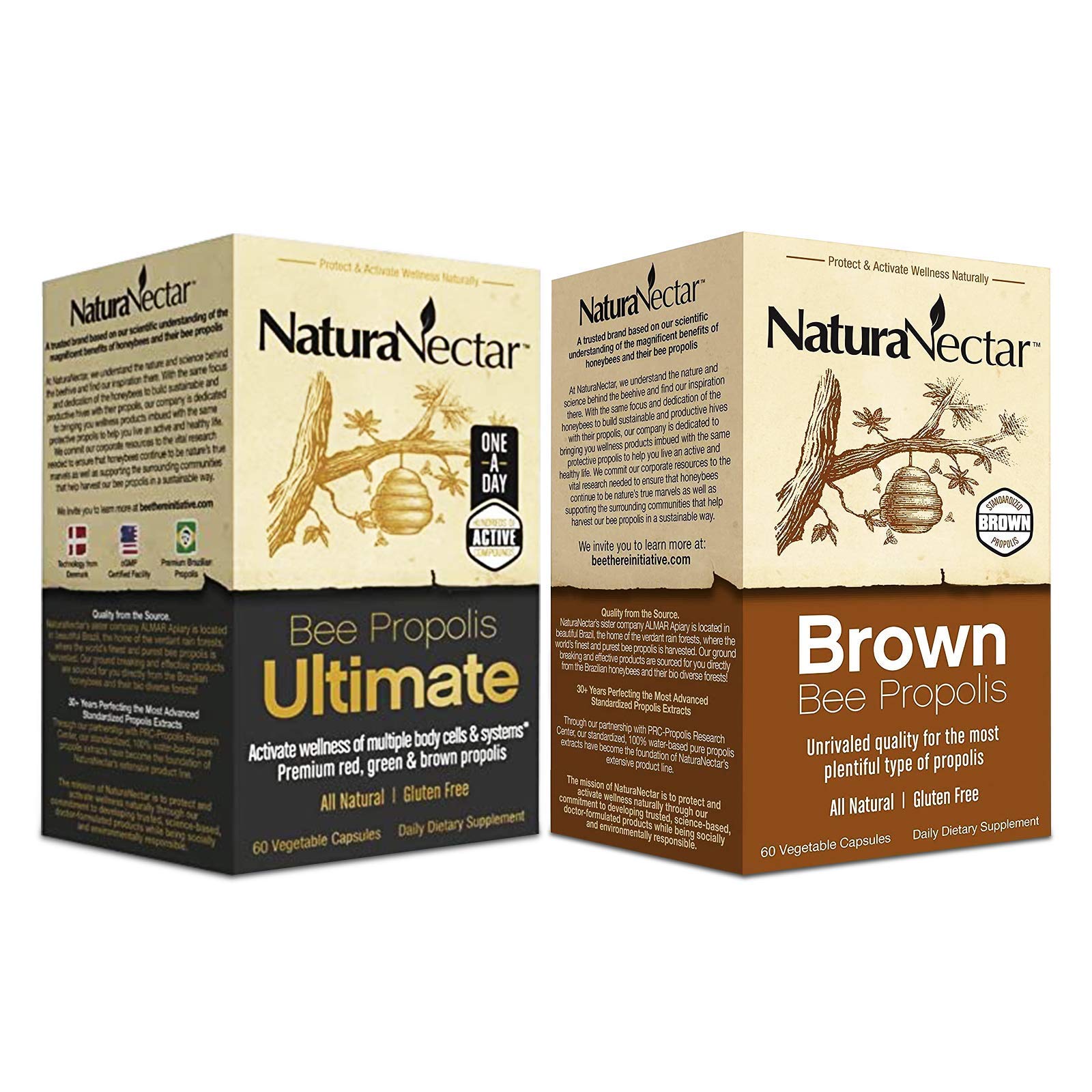 NaturaNectar Natural Bee Propolis Bundle – Bee Propolis Ultimate and Brown Bee Propolis - for Immune, Cardiovascular, and Respiratory Systems Support - 60 Capsules per Bottle