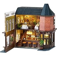Miniature Dollhouse kit, DIY Creative Western Restaurant Woodworking Toys, 1:24 Scale Mini Dollhouse Woodcraft Toys, Door Panels can be Opened, Handmade Dollhouse with Lights