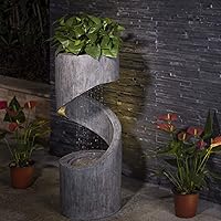 Glitzhome Decorative Tiered Outdoor Water Fountain with LED Light, Curved Waterfall Fountain with Stone Planter, Patio Water Fountain Garden Waterfall, 31.3”H