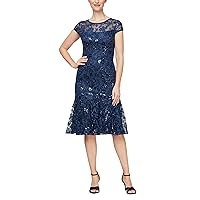 Alex Evenings Women's Tea Length Embroidered Dress with Godets