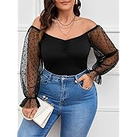 Plus Size Womens Tops Plus Contrast Dobby Mesh Sleeve Ruched Top (Color : Black, Size : 4X-Large)