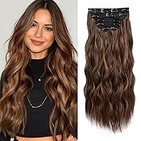WECAN Clip in Hair Extension 24 Inch Auburn Mix Chestnut 6PCS Long Wavy Curly Hairpieces for Women Natural Thick Synthetic Fiber Double Weft Hair Full Head