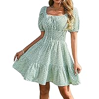 Floerns Women's Boho Square Neck Puff Short Sleeve Self Tie Front A Line Dress